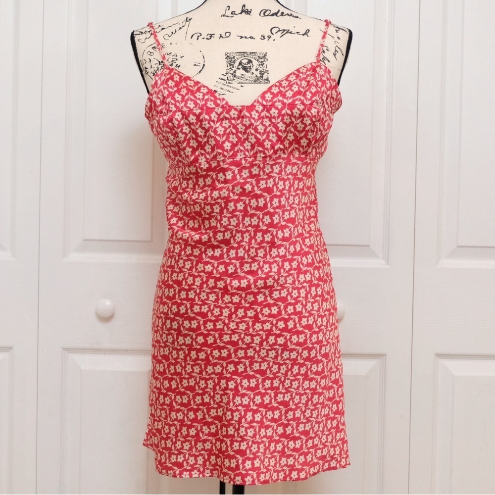 Free People Red Floral Slip Dress Mini Cherry Print Spaghetti Strap Size Large - Picture 3 of 12